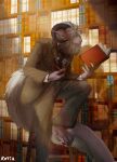  anthro beard book bottomwear claws clothed clothing digital_media_(artwork) dragon eyewear facial_hair fur furniture glasses hi_res kotia library male mature_anthro mature_male necktie paws pipe reading reptile scalie shirt smoke smoking smoking_pipe solo suit tail_fur topwear vest 