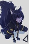  1girl :3 absurdres animal_ear_fluff animal_ears black_bodysuit black_gloves black_hair blush bodysuit commentary_request delta_(kage_no_jitsuryokusha_ni_naritakute!) facial_mark gloves hair_between_eyes highres kage_no_jitsuryokusha_ni_naritakute! kneeling long_hair long_sleeves looking_at_viewer open_mouth purple_eyes sei_natori shadow smile solo tail very_long_hair white_background wolf_ears wolf_girl wolf_tail 