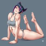  1girl alternate_costume arched_back arm_support artist_logo bare_legs bare_shoulders barefoot black_hair blue_nails blunt_bangs breasts cleavage colored_inner_hair commentary copyright_name english_commentary feet feet_up finalcake full_body grey_background grey_panties grey_sports_bra hair_horns hair_ornament han_juri hands_on_ground head_tilt heterochromia highres looking_at_viewer medium_breasts medium_hair multicolored_hair nail_polish navel panties parted_lips purple_hair shiny_skin sidelocks smile soles solo sports_bra streaked_hair street_fighter street_fighter_6 stretching teeth thighs toes underwear underwear_only upper_teeth_only 