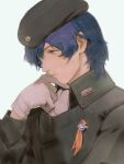  1boy absurdres beret blue_hair closed_mouth ginga_eiyuu_densetsu gloves hand_up hat highres male_focus military_uniform nagamerin short_hair simple_background uniform upper_body white_background white_gloves yang_wen-li 