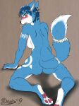  2019 anthro blush blush_lines breasts breath butt canid canine fangs female fox fur hair hi_res kneeling krystal leaning leaning_forward looking_at_viewer looking_back mammal marcushunter nintendo nude open_mouth panting paws raised_tail rear_view side_boob signature solo spread_legs spreading star_fox tail teeth tongue 