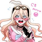  1girl antenna_hair barbed_wire black_choker black_gloves blonde_hair blush bow bowtie breasts choker cleavage d: danganronpa_(series) danganronpa_v3:_killing_harmony fingerless_gloves gloves goggles goggles_on_head green_eyes hair_between_eyes hands_up iruma_miu large_breasts long_hair mozuku_(iiiiiiimomo) own_hands_together pink_shirt shirt solo teeth upper_teeth_only white_background 