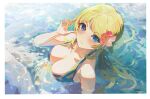  1girl absurdres ahoge blonde_hair blush breasts cleavage da_tengzi flower hachimiya_meguru hair_flower hair_ornament highres idolmaster idolmaster_shiny_colors large_breasts looking_at_viewer partially_submerged reflection reflective_water refraction smile solo 