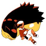  1boy backwards_hat baseball_cap black_hair closed_eyes ethan_(pokemon) hat hood hoodie open_mouth pokemon pokemon_(creature) pokemon_(game) pokemon_gsc red_hoodie shoes shorts sitting sleeping sleeping_upright sneakers tyako_089 typhlosion white_background white_shorts 