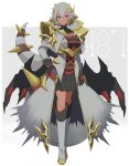  1girl armor boots breasts choker cleavage_cutout clothing_cutout dark-skinned_female dark_skin giratina giratina_(altered) gloves gold_trim grey_hair hair_ornament highres jacket knee_boots large_breasts long_sleeves low_wings open_clothes open_jacket parted_lips personification pleated_skirt pokemon red_eyes sakuragi_raia short_hair shoulder_armor skirt slit_pupils solo tail wings wrist_belt 