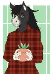  anthro black_hair clothed clothing digital_media_(artwork) equid equine fur green_eyes hair horse looking_at_viewer male mammal pallid-panda red_clothing simple_background smile solo tail topwear 