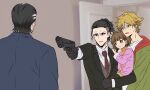  1girl 3boys back black_gloves black_hair blonde_hair bob_cut brown_hair buddy_daddies carrying child_carry collared_shirt family formal gloves gun hair_between_eyes hair_ornament hairpin holding holding_gun holding_weapon hood hoodie kmrbd5118 kurusu_kazuki meme multiple_boys necktie parody red_hoodie red_necktie shirt short_hair suit suwa_rei sweatdrop unasaka_miri v-shaped_eyebrows weapon 