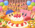  balloon bandana_waddle_dee birthday blue_eyes blush_stickers bowl cake candle egg food food_focus french_fries fried_chicken happy happy_birthday kirby kirby_(series) miclot no_humans open_mouth pink_footwear pizza plate sandwich shoes smile sparkling_eyes star_balloon waddle_dee yellow_footwear 