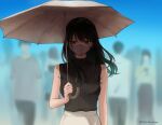  2boys 3girls artist_name black_hair black_sweater blue_sky blurry blurry_background commentary_request highres holding holding_umbrella long_hair mask mouth_mask multiple_boys multiple_girls original outdoors setu_kurokawa skirt sky sleeveless sleeveless_sweater sleeveless_turtleneck solo_focus standing sweater turtleneck twitter_username umbrella upper_body watermark white_skirt white_umbrella 