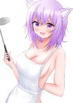  1girl absurdres animal_ears apron arm_behind_back blush breasts cat_ears cat_girl cleavage highres hololive kai-yo large_breasts looking_at_viewer medium_hair naked_apron nekomata_okayu open_mouth purple_eyes purple_hair smile solo virtual_youtuber white_apron white_background 