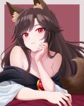  1girl :t animal_ears bare_shoulders brown_hair dress highres imaizumi_kagerou jewelry kisaragi_koushi long_hair looking_at_viewer off-shoulder_dress off_shoulder parted_bangs pout red_eyes solo tail touhou wide_sleeves wolf_ears wolf_girl wolf_tail 
