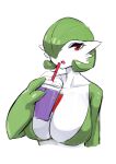  2023 absurd_res beverage breasts cleavage clothed clothing container cup female gardevoir generation_3_pokemon green_body hi_res holding_container holding_cup holding_object humanoid menyang nintendo not_furry open_mouth pokemon pokemon_(species) red_body red_eyes simple_background solo white_background white_body 
