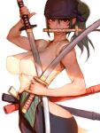  1girl alternate_hair_length alternate_hairstyle black_pants covered_nipples dual_persona durag fumio_(rsqkr) genderswap genderswap_(mtf) green_hair highres hip_vent holding holding_sword holding_weapon long_hair mouth_hold one_piece pants ponytail roronoa_zoro sheath shirt sword triple_wielding weapon white_shirt wide_hips 