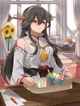  1girl absurdres black_hair box brown_eyes chest_sarashi closed_mouth commentary_request commission cup detached_sleeves drinking_glass drinking_straw flower food hair_between_eyes hair_ornament hairclip hakama hakama_skirt haruna_(kancolle) haruna_kai_ni_(kancolle) headgear highres holding holding_tray indoors japanese_clothes kanmiya_shinobu kantai_collection long_hair looking_at_viewer nontraditional_miko paper pencil red_hakama ribbon-trimmed_sleeves ribbon_trim sarashi shaved_ice skeb_commission skirt smile solo sunflower tray vase white_sleeves wide_sleeves window 