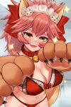  1girl animal_ear_fluff animal_ears animal_hands bare_shoulders bell blush bow bra breasts cleavage collar fate/extra fate/grand_order fate_(series) fox_ears fox_girl fox_tail gloves grimjowtiger hair_between_eyes hair_bow highres jingle_bell large_breasts long_hair looking_at_viewer navel neck_bell open_mouth panties paw_gloves pink_hair ponytail red_bow red_bra red_panties sidelocks smile solo sparkle tail tamamo_(fate) tamamo_cat_(fate) underwear yellow_eyes 
