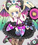  1girl absurdres animal_ears bare_shoulders bat_wings belt black_dress black_gloves blonde_hair blue_eyes breasts character_name cleavage cyclops dress eyeball_hair_ornament gloves grey_background harukai-i heart heart_print highres large_breasts megaphone multicolored_hair one-eyed simple_background sylvie_paula_paula the_king_of_fighters tongue tongue_out wings 