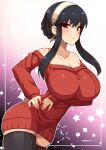  1girl bare_shoulders black_hair black_thighhighs breasts closed_mouth commentary dress earrings english_commentary fanbox_username frown hairband half-closed_eyes hand_on_own_hip huge_breasts jewelry leaning_forward long_sleeves looking_at_viewer red_dress red_eyes short_dress short_hair sidelocks solo spy_x_family standing starry_background sweat sweater sweater_dress thighhighs virus-g white_hairband yor_briar 