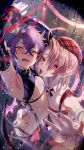  2_horns aster_(nu:_carnival) beret bodily_fluids clothed clothing demon demon_humanoid duo embrace fangs hat headgear headwear hi_res horn humanoid humanoid_pointy_ears ikezakimisa looking_at_viewer male male/male morvay_(nu:_carnival) not_furry nu:_carnival saliva saliva_on_tongue saliva_string spade_tail sweat tail teeth tongue tongue_out vampire 