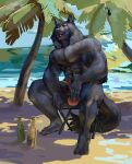  abs anthro beach black_body black_fur bottel canid canine canis chair eyes_closed fur furniture hi_res kodr light male mammal musclegut muscular plant seaside sfw_version solo solo_focus sunlight tree water wolf 