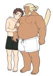  2boys :3 age_difference bara beard big_belly black_male_swimwear blonde_hair blush bulge couple dark-skinned_male dark_skin facial_hair flat_color full_body huckle_(live_a_hero) large_pectorals live_a_hero locked_arms male_focus male_protagonist_(live_a_hero) male_swimwear masa_(mshk_s) mature_male multiple_boys muscular muscular_male navel nipples pectorals penis_size_difference standing stomach swim_trunks tail_raised thick_eyebrows topless_male white_male_swimwear wide-eyed yaoi 