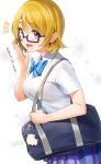  1girl animal_keychain bag blue_bow blue_bowtie blue_skirt bow bowtie brown_hair carrying_bag floral_background from_side glasses hand_up highres holding_strap koizumi_hanayo love_live! love_live!_school_idol_project nakano_maru open_mouth otonokizaka_school_uniform purple_eyes school_bag school_uniform semi-rimless_eyewear shirt short_hair short_sleeves skirt smile striped striped_skirt under-rim_eyewear vertical-striped_skirt vertical_stripes white_shirt 