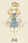  animal_crossing anthro bbravaa blonde_hair blush bottomwear canid canine canis clothing domestic_dog female gesture hair hi_res isabelle_(animal_crossing) looking_at_viewer mammal nintendo pointing shih_tzu skirt smile smiling_at_viewer solo tail tail_motion tailwag toy_dog 