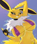  2023 5_fingers anthro areola areola_slip black_clothing black_fingerless_gloves black_gloves black_handwear black_inner_ear black_pupils black_sclera breasts clothed clothing eeveelution female fingerless_gloves fingers fur generation_1_pokemon gloves handwear hi_res jolteon kinhey multicolored_body multicolored_fur navel nintendo pokemon pokemon_(species) pubes pupils skimpy solo tail white_body white_eyes white_fur yellow_body yellow_breasts yellow_ears yellow_fur yellow_tail 
