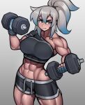  1girl abs absurdres biceps black_shorts black_sports_bra blue_gloves blue_hair borrowed_character breasts closed_mouth commission exercise fingerless_gloves gloves gradient_hair green_eyes grey_hair highres large_breasts looking_at_viewer multicolored_hair muscular muscular_female navel original roadi3 short_hair short_ponytail shorts solo sports_bra thick_thighs thighs weightlifting 