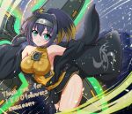 1girl bare_shoulders black_gloves black_hair blonde_hair breasts colored_tips duel_monster forehead_protector fuuma_shuriken gloves green_eyes haori highres holding holding_shuriken holding_weapon japanese_clothes large_breasts long_sleeves milestone_celebration multicolored_hair s-force_rappa_chiyomaru solo thighhighs usuba-kagerou@syugyoutyuu weapon wide_sleeves yu-gi-oh! 