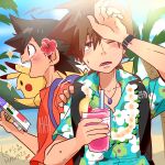  2boys ash_ketchum backpack bag brown_hair cherry collarbone creature creature_on_shoulder flower flower_necklace food fruit gary_oak hair_flower hair_ornament hawaii hawaiian_shirt holding holding_magazine jewelry lemon lemon_slice magazine_(object) male_focus multiple_boys necklace nekonekopunyann on_shoulder one_eye_closed open_mouth palm_tree pikachu pokemon pokemon_(creature) shirt short_hair smoothie sunlight sweatdrop t-shirt tree tropical_drink watch wristwatch 