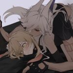  1boy 1girl aoma_(xuanzexuexi) bed blonde_hair boy_on_top couple cyno_(genshin_impact) dark-skinned_male dark_skin genshin_impact hetero highres licking licking_neck long_hair lumine_(genshin_impact) on_bed short_hair simple_background sweat tears white_background white_hair yellow_eyes 