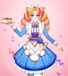  1girl absurdres apron artist_request blonde_hair blue_eyes bow bowtie cafe_cuties_gwen cake closed_mouth cone_hair_bun confetti cowboy_shot dress dress_bow drill_hair food frilled_dress frills gwen_(league_of_legends) hair_bun highres holding holding_food league_of_legends long_hair long_sleeves maid_apron maid_headdress pantyhose parted_bangs purple_bow purple_bowtie red_hair smile solo twin_drills twintails white_pantyhose 