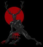  american_mythology animal_humanoid antlers big_hands black_body black_skin blood blood_in_mouth blood_on_hand bodily_fluids clawed_fingers cloven_hooves deer deer_humanoid digitigrade geometric_background hannibal_(series) hannibal_lecter hooves horn humanoid indigenous_north_american_mythology male mammal mammal_humanoid muscular muscular_male mythology north_american_mythology not_furry nude null_bulge simple_background solo wendigo zillabean 