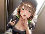  1girl 1other baseball_cap blush breasts brown_hair delivery green_eyes hand_on_another&#039;s_chin hat jacket large_breasts open_mouth original re:shimashima saliva short_hair tagme 