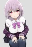  1girl absurdres black_pantyhose black_skirt bow bowtie breasts closed_mouth from_above grey_background gridman_universe hands_on_own_thighs highres large_breasts looking_at_viewer noshimurin off_shoulder pantyhose pleated_skirt purple_bow purple_bowtie red_eyes school_uniform shinjou_akane shirt short_hair simple_background skirt smile solo ssss.gridman white_shirt 