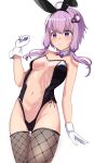  1girl absurdres ahoge animal_ears bare_shoulders bow bowtie detached_collar fake_animal_ears fishnets gloves hand_up highres navel nise_no_tsubo playboy_bunny purple_bow purple_bowtie purple_eyes purple_hair rabbit_ears short_hair_with_long_locks simple_background solo thighhighs traditional_bowtie translucent_bunnysuit voiceroid white_background white_gloves yuzuki_yukari 