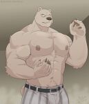  abs anthro bear beastars belt biceps bottomwear claws clothing drugs hi_res jabuhusky looking_down male mammal medication muscular muscular_anthro muscular_male nipples pants pattern_bottomwear pattern_clothing pattern_pants pecs pills riz_(beastars) shirtless shirtless_anthro shirtless_male simple_background solo striped_bottomwear striped_clothing striped_pants stripes tufted_fur ursine 