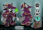  2023 alchemist anthro atryl backpack blizzard_entertainment canid canine clothing divdrin_(duskthebatpack) ear_piercing ear_ring footwear fox grumpy hat headgear headwear looking_at_viewer magic_user male mammal mantle model_sheet piercing ring_piercing robe shoes solo vulpera warcraft witch_hat 