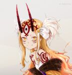  1girl bare_shoulders blonde_hair breasts facial_mark fang fate/grand_order fate_(series) fiery_hair forehead_mark grey_background horns ibaraki_douji_(fate) japanese_clothes kimono long_hair looking_at_viewer off_shoulder oni oni_horns pointy_ears rabbit_king simple_background slit_pupils small_breasts smile solo tattoo upper_body yellow_eyes yellow_kimono 