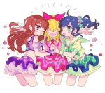  3girls :d aikatsu! aikatsu!_(series) blonde_hair blue_eyes blush bow closed_eyes closed_mouth detached_sleeves frilled_skirt frills hair_bow hair_ornament hair_scrunchie hairband holding_hands hoshimiya_ichigo hug idol kiriya_aoi long_hair midriff mrokr multiple_girls necktie one_eye_closed open_mouth pink_bow pink_necktie pink_vest purple_eyes sailor_collar scrunchie shibuki_ran side_ponytail simple_background skirt smile vest white_background 