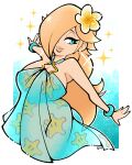  1girl aqua_dress blonde_hair blue_eyes bracelet dress flower hair_flower hair_ornament hair_over_one_eye highres jewelry legendofnerd long_hair looking_to_the_side mario_(series) mario_kart mario_kart_tour official_alternate_costume rosalina rosalina_(swimwear) simple_background solo star_(symbol) sundress 