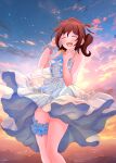  1girl ^_^ absurdres blush bracelet brown_hair closed_eyes dress feet_out_of_frame highres idolmaster idolmaster_million_live! jewelry kasuga_mirai one_side_up outdoors raby_vivid sleeveless sleeveless_dress smile solo sunset teeth thigh_strap twilight upper_teeth_only white_dress 