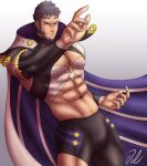  1boy abs absurdres art_vtm bara beard between_pectorals black_hair black_pants bulge cape english_commentary facial_hair fire_emblem fire_emblem_engage highres large_pectorals looking_at_viewer male_focus mauvier_(fire_emblem) muscular muscular_male navel pants pectorals purple_cape short_hair solo thick_thighs thighs tight_clothes 