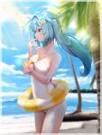  1girl absurdres bare_arms bare_legs beach blue_hair blurry blurry_background border breast_press breasts casual_one-piece_swimsuit cleavage cloud collarbone covered_navel cowboy_shot day faruzan_(genshin_impact) floating_hair genshin_impact hair_ornament highres holding innertube lens_flare licking licking_hand long_hair medium_breasts moonwhite ocean one-piece_swimsuit outdoors palm_tree profile solo standing summer sunlight swimsuit tree white_border white_one-piece_swimsuit x_hair_ornament yellow_eyes 