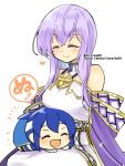  1boy 1girl bare_shoulders blue_hair breasts brother_and_sister closed_eyes dress fire_emblem fire_emblem:_genealogy_of_the_holy_war julia_(fire_emblem) long_hair open_mouth purple_hair seliph_(fire_emblem) siblings simple_background smile stuffed_toy yukia_(firstaid0) 