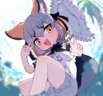  1girl animal_ears belt dress extra_ears fox_ears fox_girl fox_tail grey_hair hat island_fox_(kemono_friends) kemono_friends kemono_friends_v_project long_hair looking_at_viewer multicolored_hair orange_hair outdoors ribbon sarutori simple_background solo sundress tail two-tone_hair v virtual_youtuber yellow_eyes 