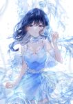  1girl absurdres blue_dress blue_eyes blue_hair blue_theme breasts collar commentary_request dress floating_hair frilled_collar frills highres jellyfish long_hair looking_at_viewer motimoti067 original parted_lips sleeveless small_breasts solo sundress white_background 