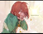  1other ahoge androgynous artist_name blush bob_cut brown_hair buttercup_(flower) chara_(undertale) check_spoilers close-up commentary constricted_pupils covering_mouth dropping eating eating_flower english_text falling_petals floating_hair flower from_side gloom_(expression) gold_necklace green_sweater heart heart_necklace heart_pendant jewelry leaning_forward light_particles locket long_sleeves looking_ahead necklace own_hands_together pain pendant petals pillar shaded_face short_hair signature solo sparkle spoilers suicide sweater tearing_up tears tou_ilie twitter_username two-tone_sweater undertale upper_body v-shaped_eyebrows white_background yellow_background yellow_flower 