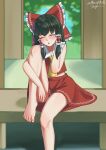  1girl :o absurdres ascot bare_legs bare_shoulders barefoot blurry blurry_background blush bow closed_eyes depth_of_field foot_out_of_frame frilled_bow frills hair_bow hair_tubes hakurei_reimu hand_up highres knee_up littiecy long_hair open_mouth red_bow signature sitting skirt solo toes touhou 