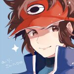  1boy bangs blue_jacket brown_eyes brown_hair closed_mouth commentary_request grey_background heart jacket male_focus marutoko45 nate_(pokemon) pokemon pokemon_adventures portrait red_headwear smile solo sparkle turtleneck turtleneck_jacket visor_cap 